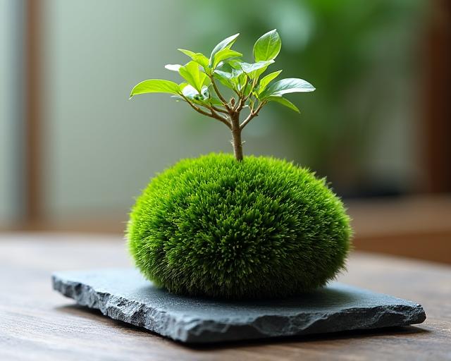 A kokedama (moss ball) plant displayed on a flat piece of slate.