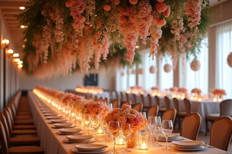 A wedding reception hall decorated with hanging floral installations and mineral accents.