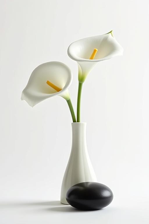 Modern ikebana-style arrangement with calla lilies and a single black stone.