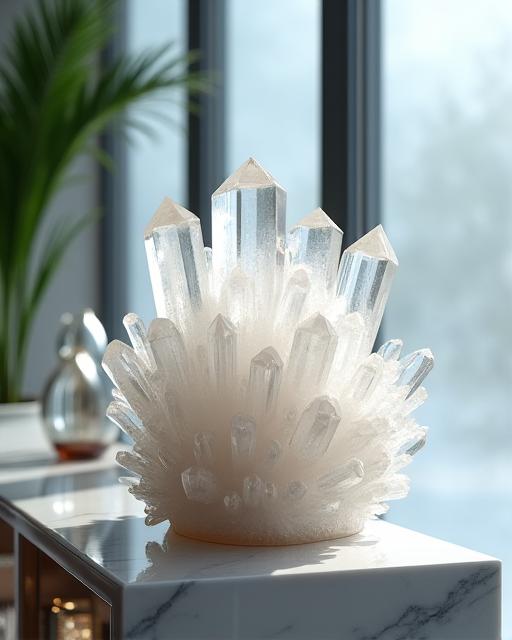 A large, clear quartz crystal cluster used as a centerpiece on a console table.