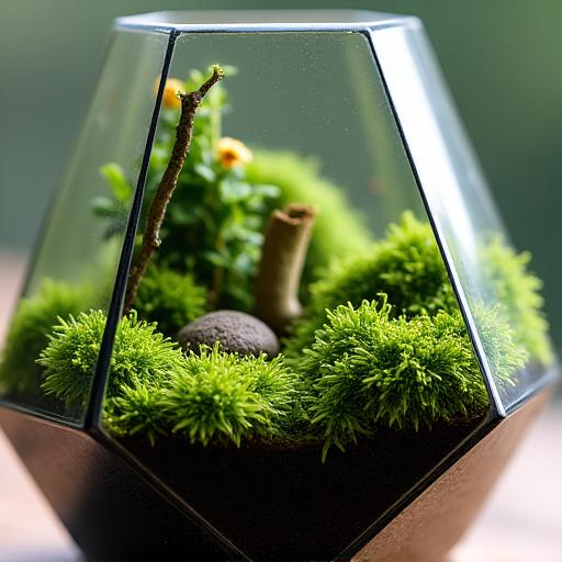 A detailed close-up of a lush moss terrarium in a geometric glass container.