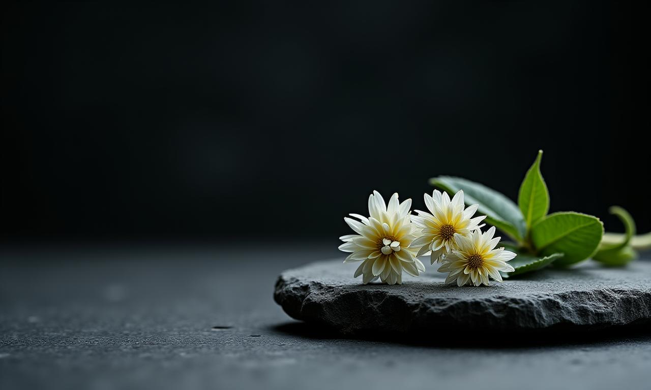 A minimalist floral arrangement resting on a dark, textured stone slab.
