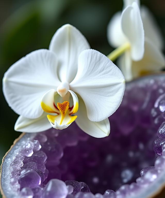 A close-up shot of a single white orchid bloom next to a rough, crystalline amethyst geode.