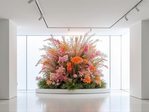 A large, modern floral installation in a minimalist art gallery.