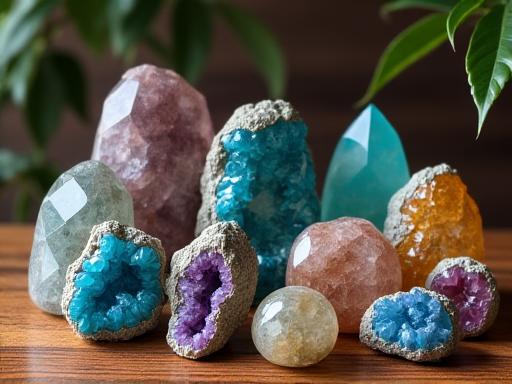 A curated collection of polished mineral specimens on a wooden shelf.