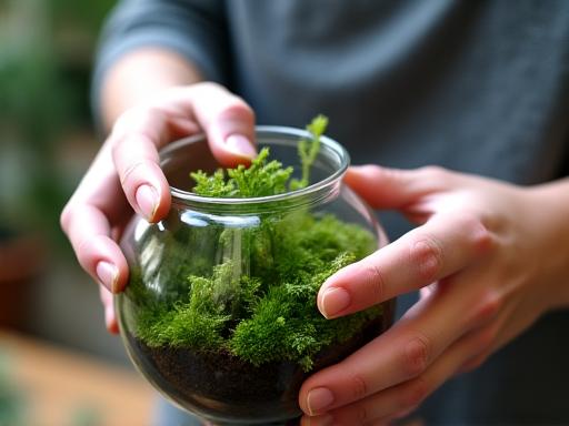 Hands of a person carefully arranging moss inside a glass terrarium during a workshop.